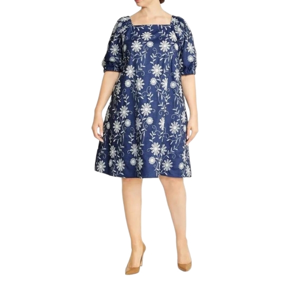 ANNE KLEIN Blue Embroidered Chambray Denim Dress 12 Floral Cotton - Picture 4 of 15